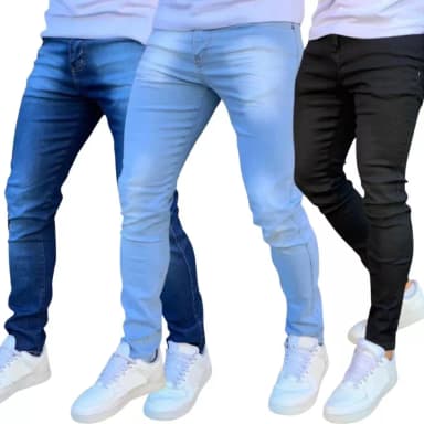 Kit com 3 Calças Jeans Masculina Premium Skinny Corte tradicional Basico com Lycra Lavagem Clara Escura ou Preta premium